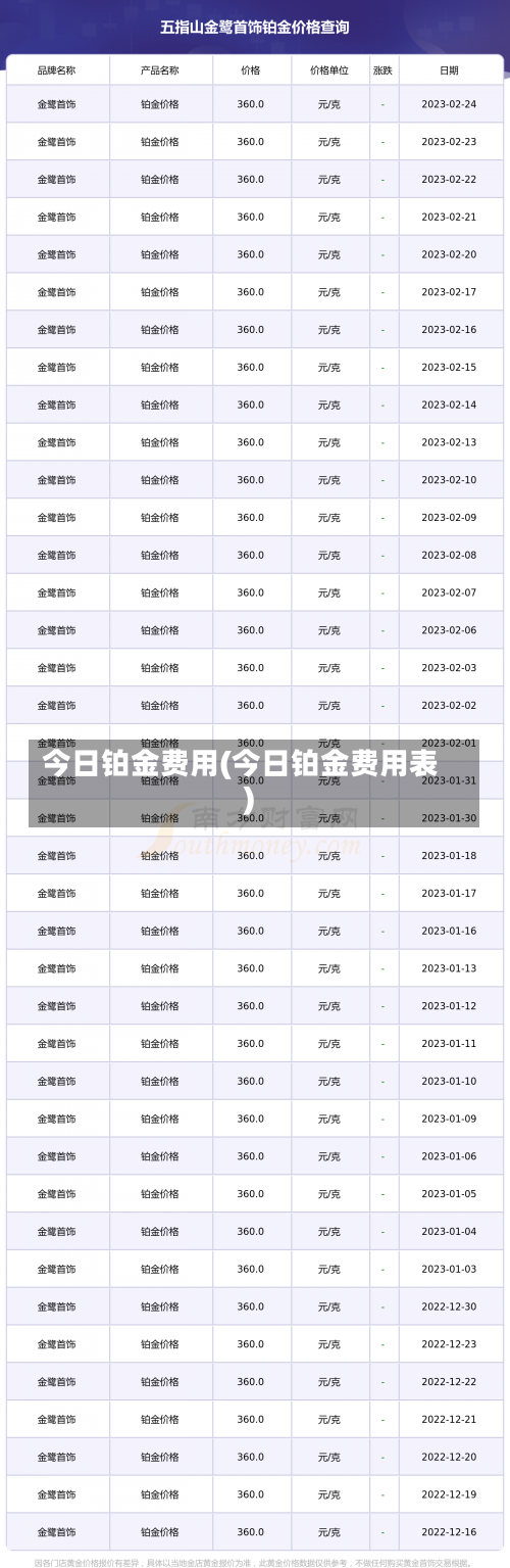 今日铂金费用(今日铂金费用表)